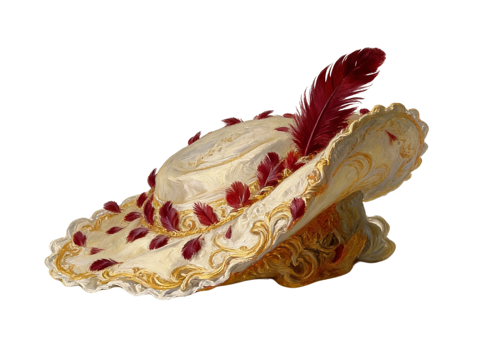 A cream Rococo hat trimmed in gold, worn with a single red feather.