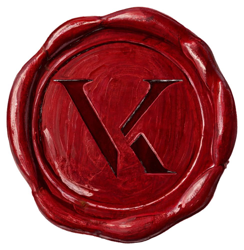 A red wax seal with a monogram.